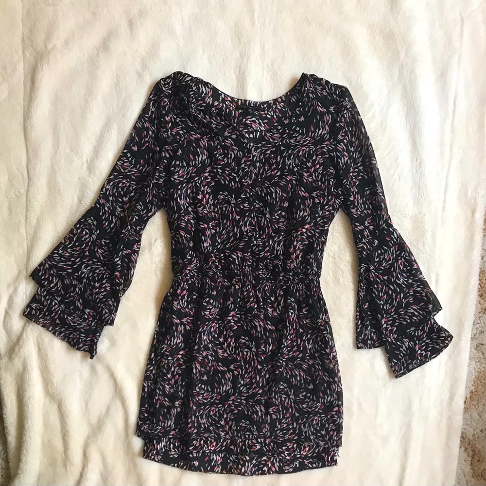 WHBM Black Patterned Dress with Bell Sleeves